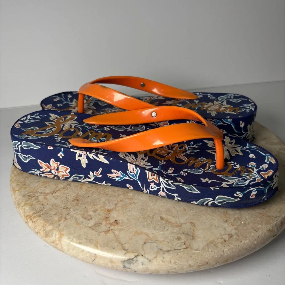 Sam Edelman Kylee Platform Flip Flops 7M Navy Orange Floral Wedge Sandals Y2K